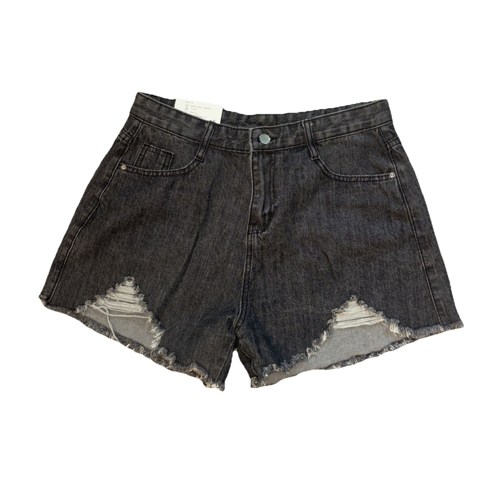 Jeans Fashion Wear Womens Distressed Denim Shorts Black Acid Wash Ripped Raw Hem